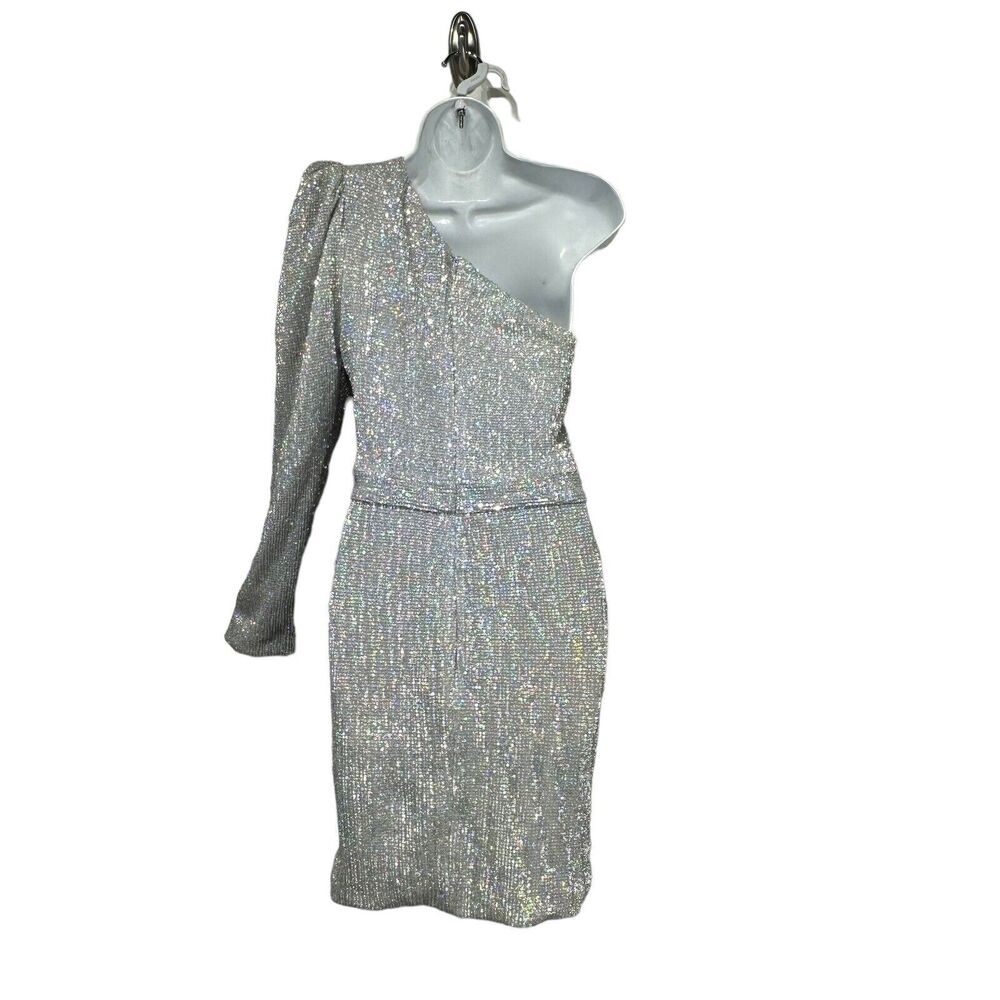 Lavish Alice Sequin One Sleeve Silver Iridescent Holo Cocktail mini Dress Size 4 - Picture 4 of 9